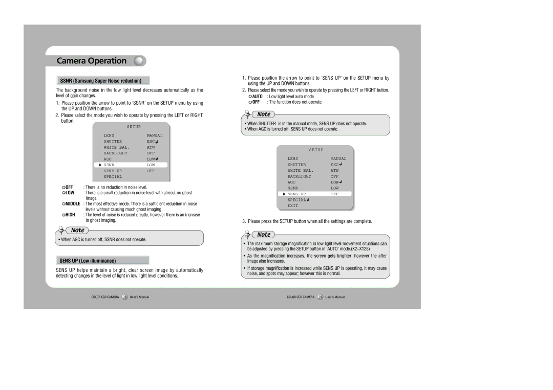 Samsung SDC-415 instruction manual Ssnr Samsung Super Noise reduction, Sens UP Low illuminance 