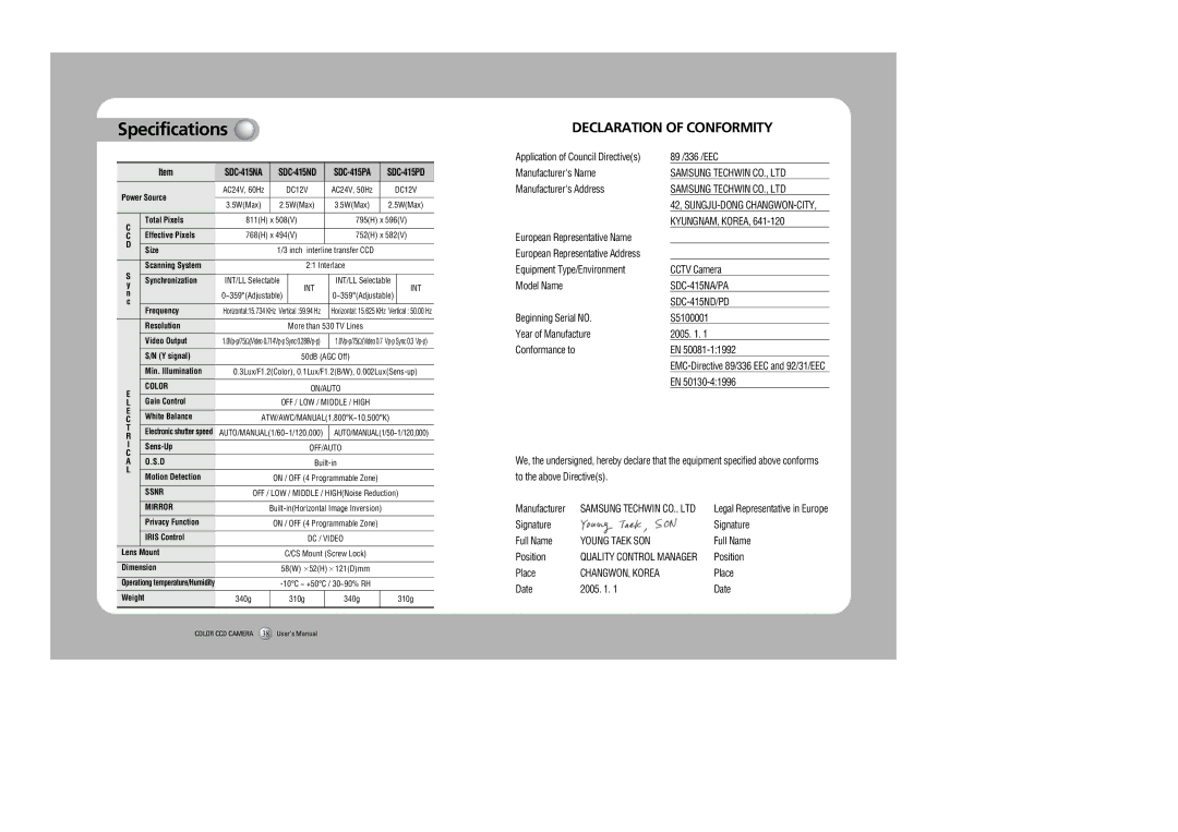 Samsung instruction manual Specifications, SDC-415NA SDC-415ND SDC-415PA SDC-415PD 