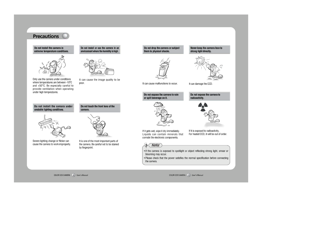 Samsung SDC-415 instruction manual Precautions, Them to physical shocks Strong light directly 