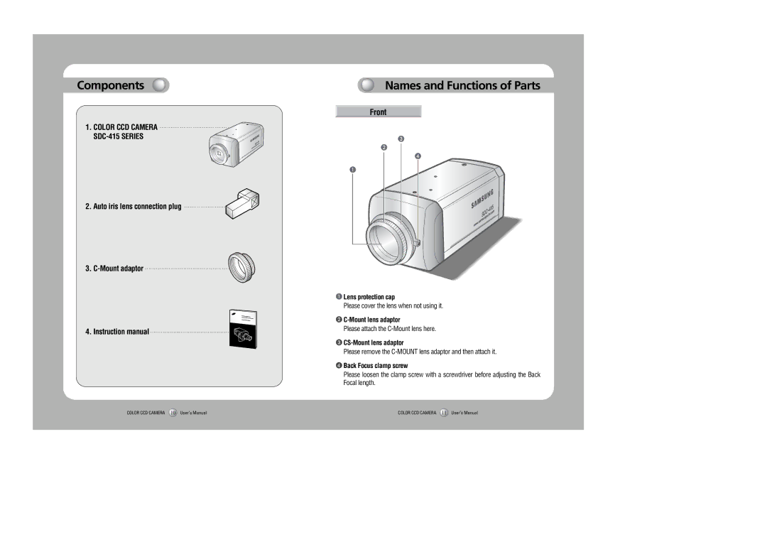 Samsung SDC-415 Components, Names and Functions of Parts, Front, Auto iris lens connection plug Mount adaptor 