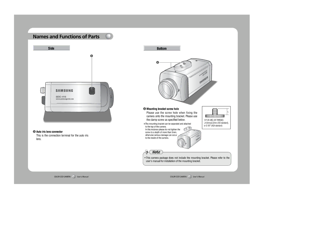 Samsung SDC-415 instruction manual Side, Auto iris lens connector, Mounting bracket screw hole 