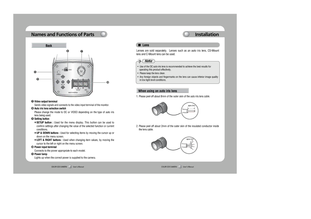 Samsung SDC-415 instruction manual Installation, Back, Lens, When using an auto iris lens 