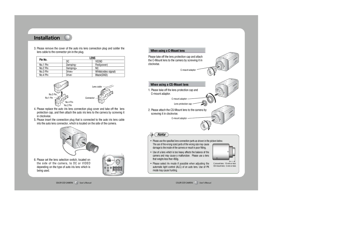 Samsung SDC-415 instruction manual When using a C-Mount lens, When using a CS-Mount lens 