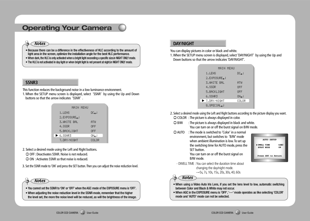 Samsung SDC-435 manual SSNR3, Day/Night, Ssdr OFF, Auto 