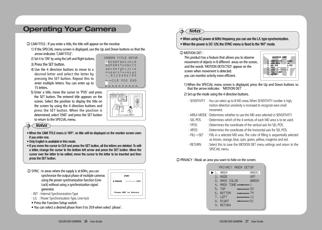 Samsung SDC-435 manual Sel Pos, Ypos, Xpos, Setup, Area, Mode OFF, Mask Tone TOP Bottom Left Right Return 