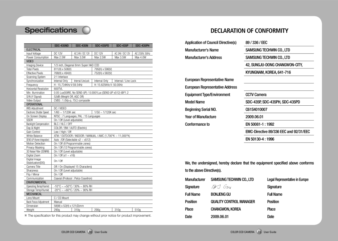 Samsung SDC-435 manual Specifications, Declaration of Conformity 