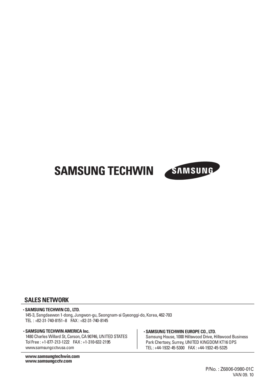 Samsung SDC-435 manual Sales Network 