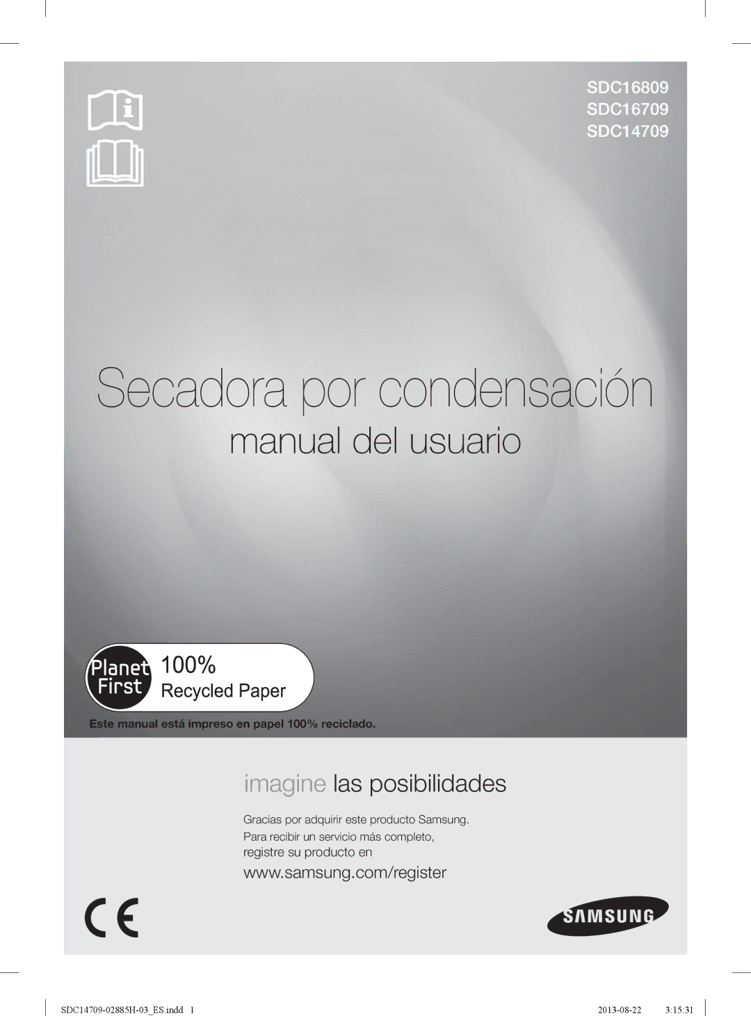 Samsung SDC14709/XEC manual Secadora por condensación, Este manual está impreso en papel 100% reciclado 