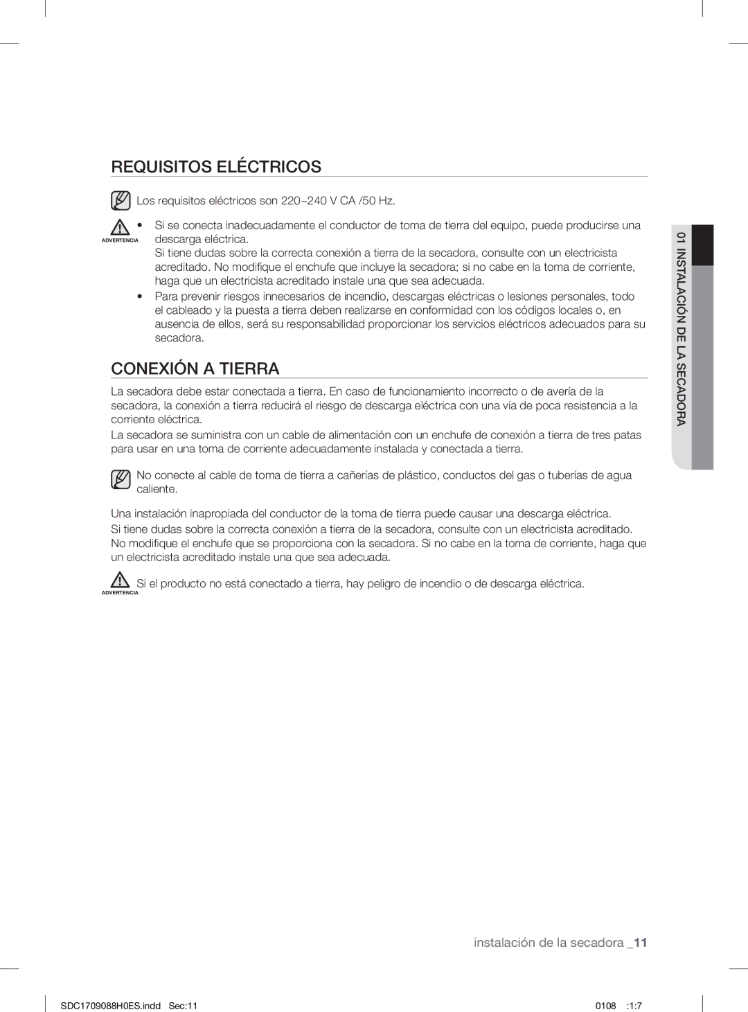 Samsung SDC14709/XEC manual Requisitos Eléctricos, Conexión a Tierra 