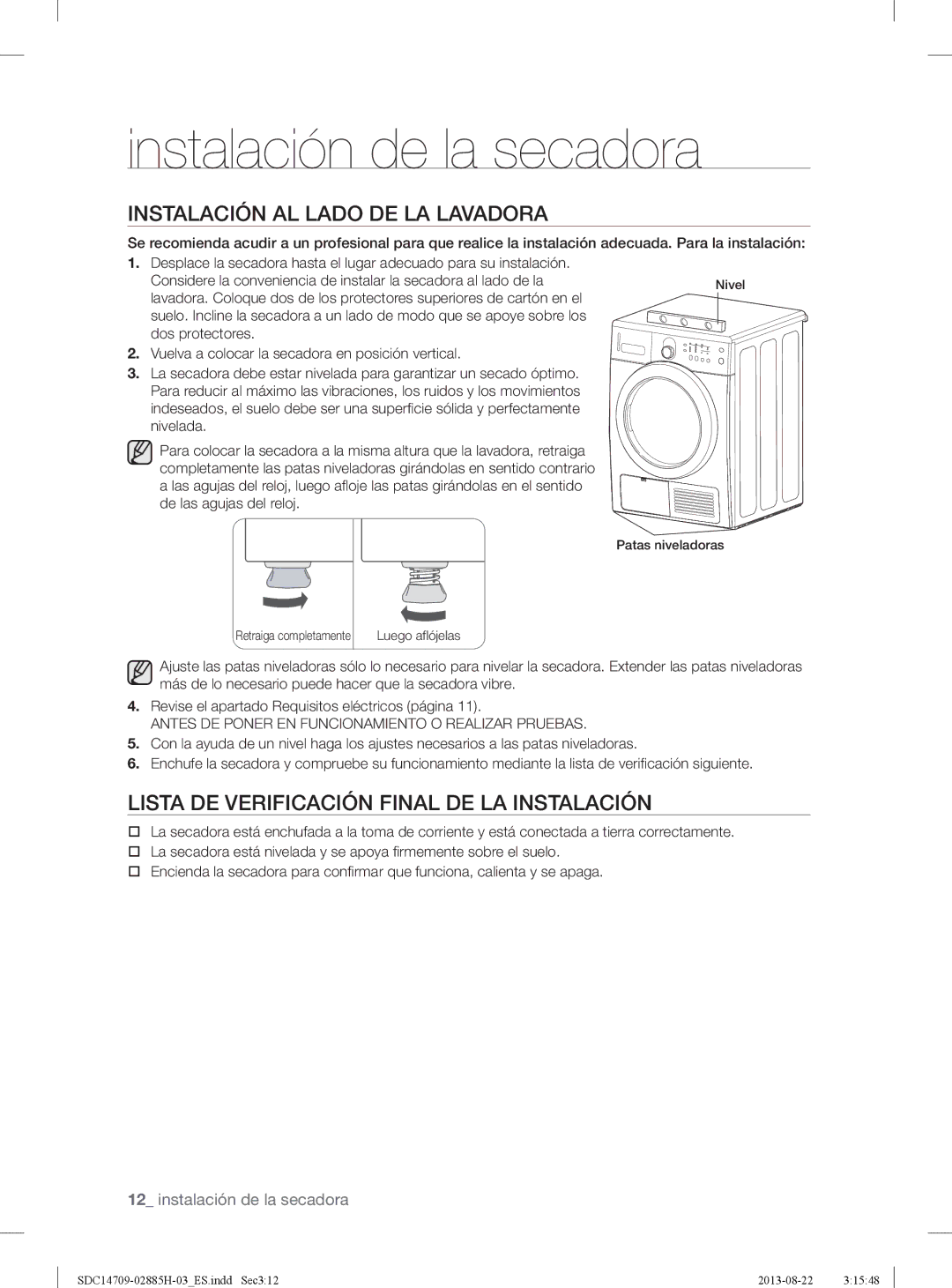 Samsung SDC14709/XEC manual Instalación AL Lado DE LA Lavadora, Lista DE Verificación Final DE LA Instalación 