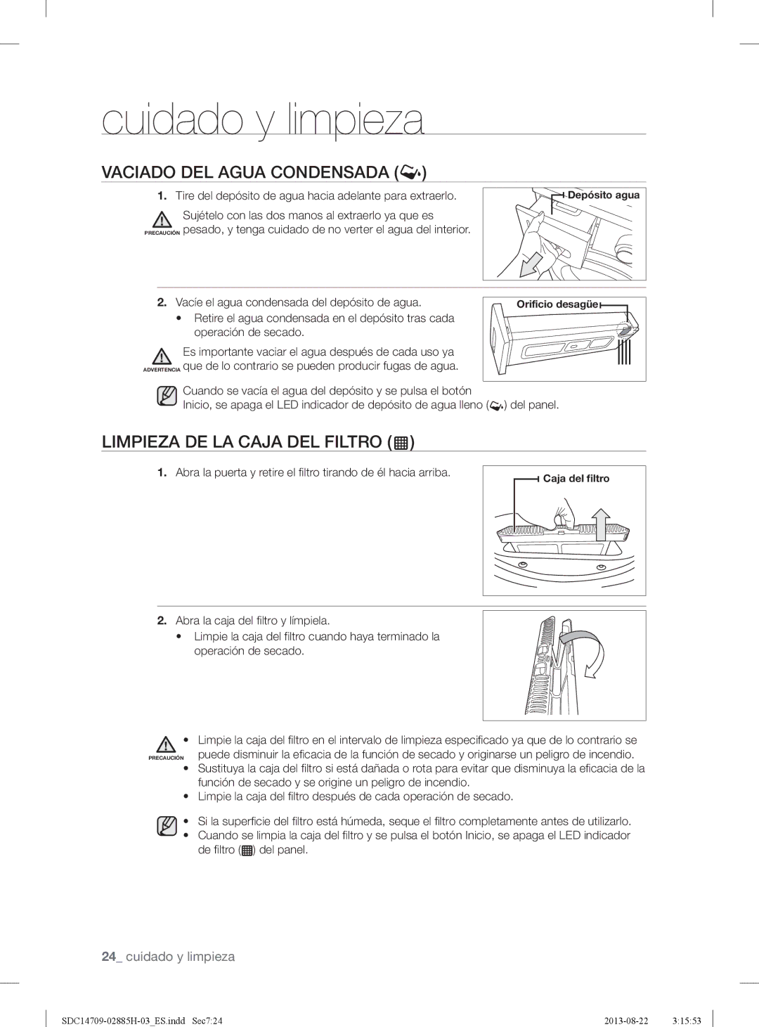 Samsung SDC14709/XEC manual Vaciado DEL Agua Condensada, Limpieza DE LA Caja DEL Filtro 