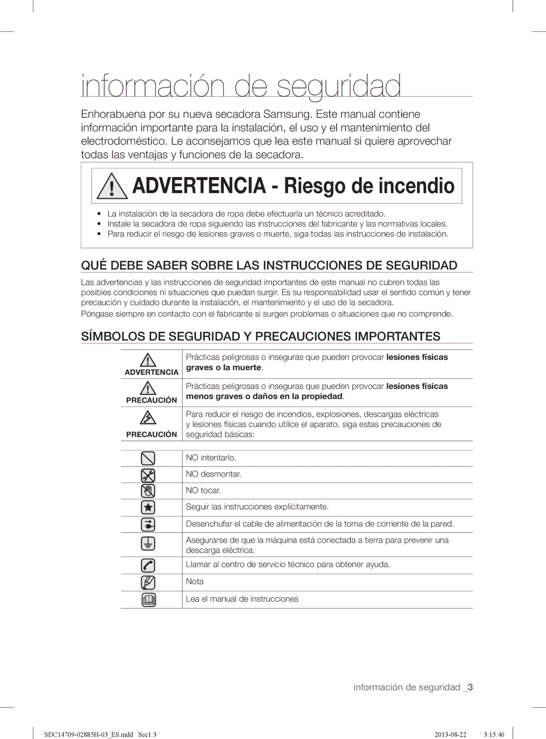 Samsung SDC14709/XEC Información de seguridad, QUÉ Debe Saber Sobre LAS Instrucciones DE Seguridad, Seguridad básicas 