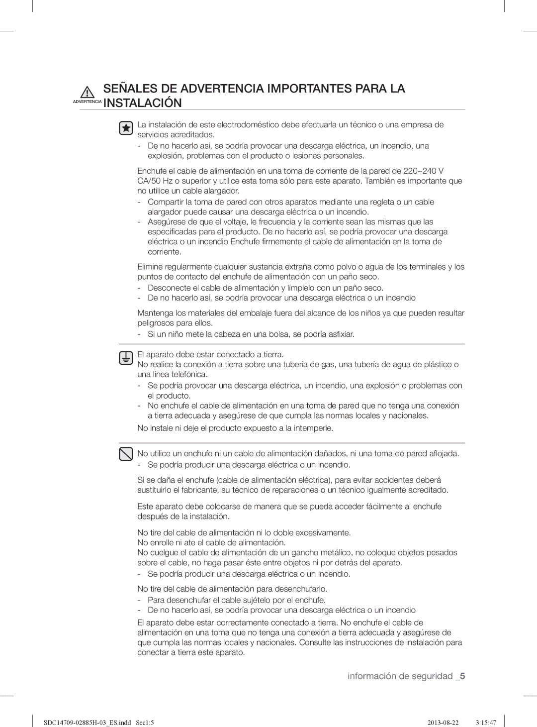 Samsung SDC14709/XEC manual Señales DE Advertencia Importantes Para LA 