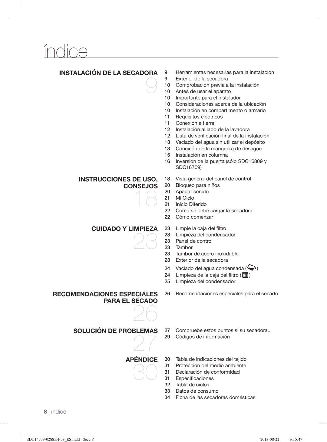 Samsung SDC14709/XEC manual Índice, Herramientas necesarias para la instalación, Vista general del panel de control 