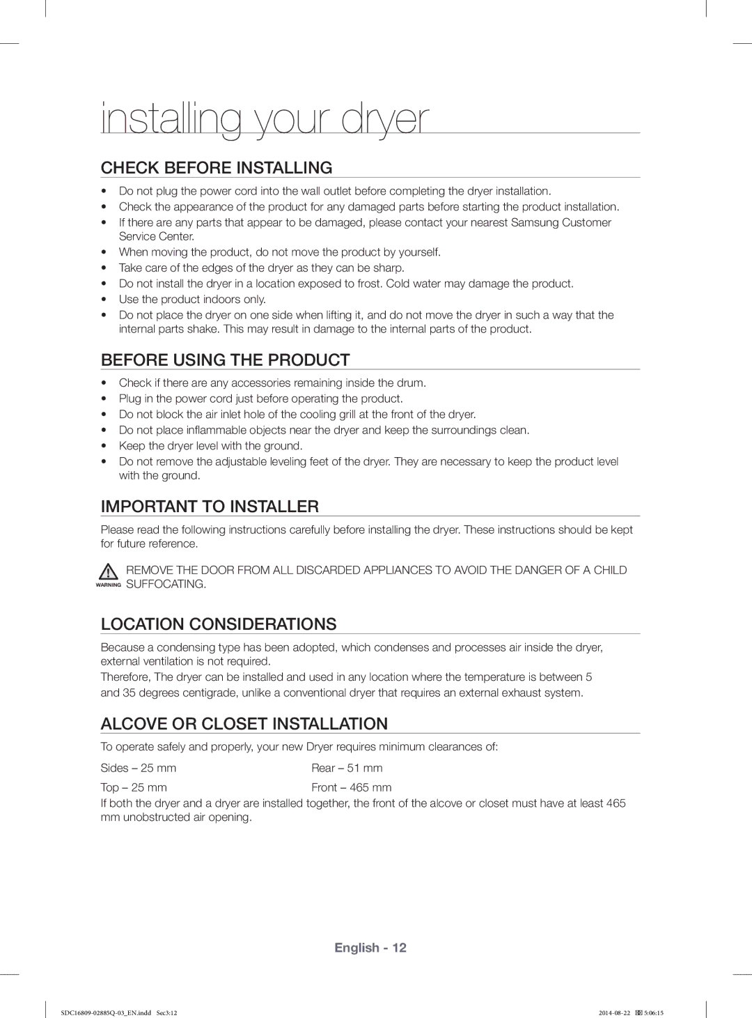 Samsung SDC16809/YL Check Before Installing, Before Using the Product, Important to Installer, Location Considerations 