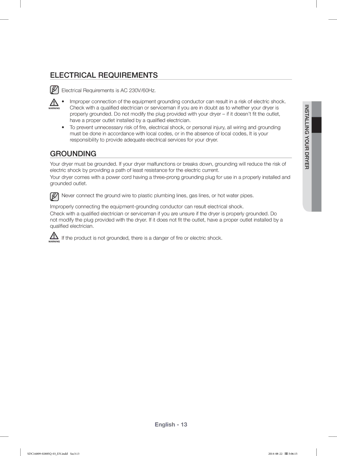 Samsung SDC16809/YL manual Electrical Requirements, Grounding 