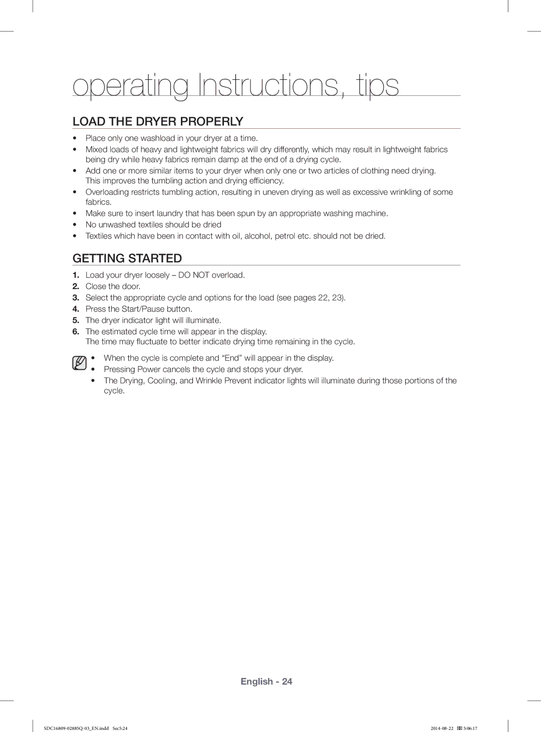 Samsung SDC16809/YL manual Load the Dryer Properly, Getting Started 