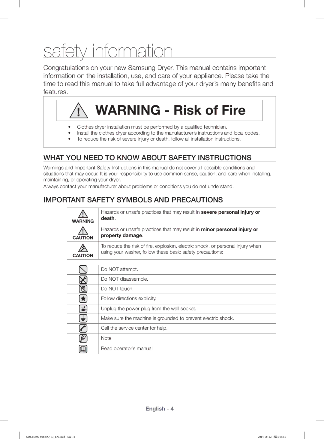 Samsung SDC16809/YL manual Safety information, What YOU Need to Know about Safety Instructions, Death, Property damage 