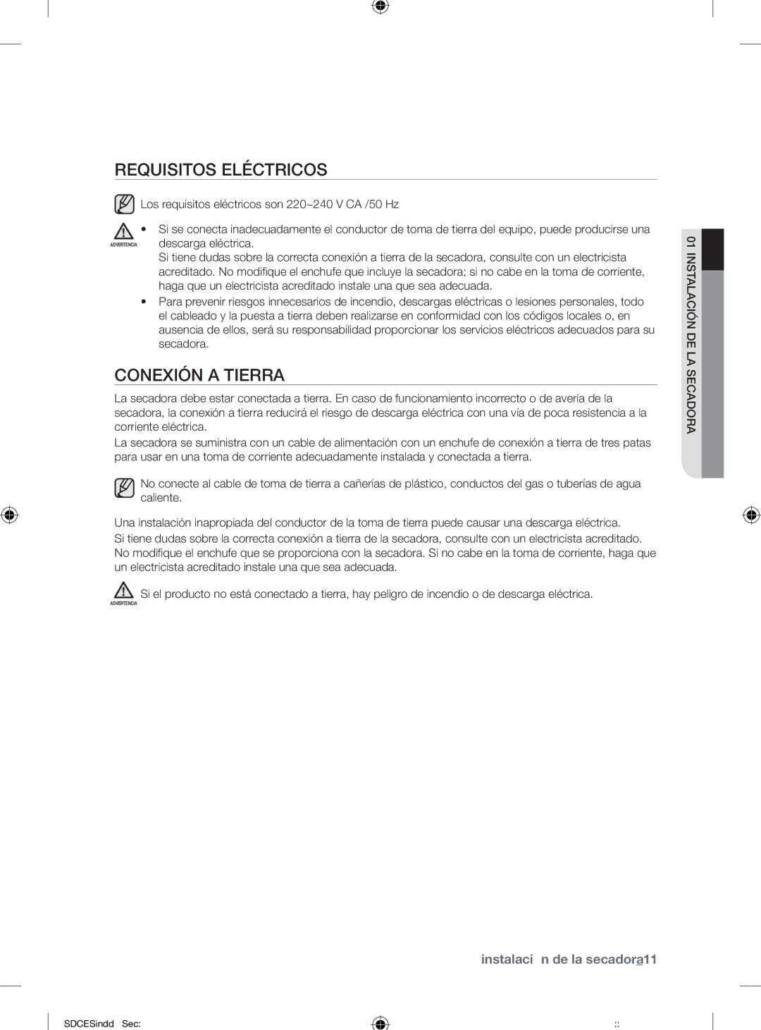 Samsung SDC18809/XEC, SDC18809/XEF manual Requisitos Eléctricos, Conexión a Tierra 