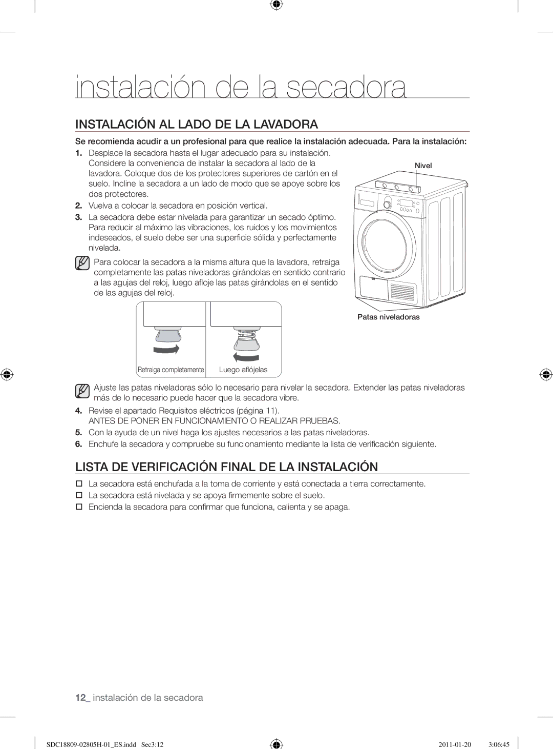 Samsung SDC18809/XEF, SDC18809/XEC manual Instalación AL Lado DE LA Lavadora, Lista DE Verificación Final DE LA Instalación 