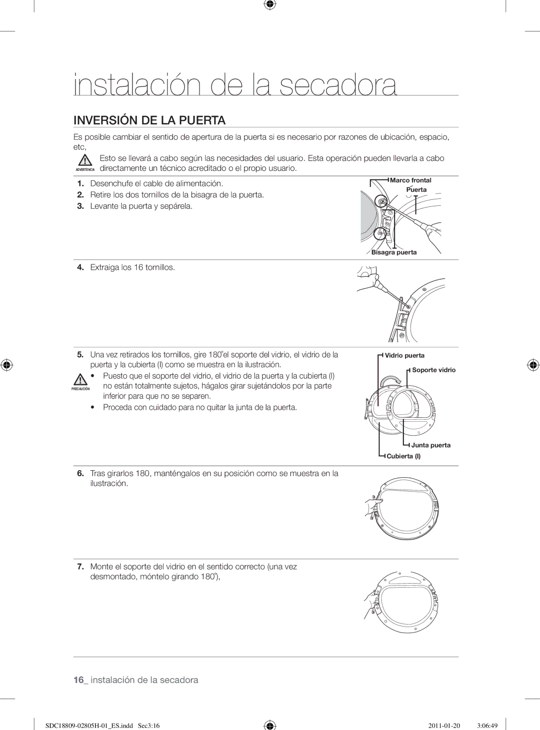 Samsung SDC18809/XEF, SDC18809/XEC manual Inversión DE LA Puerta, Retire los dos tornillos de la bisagra de la puerta 