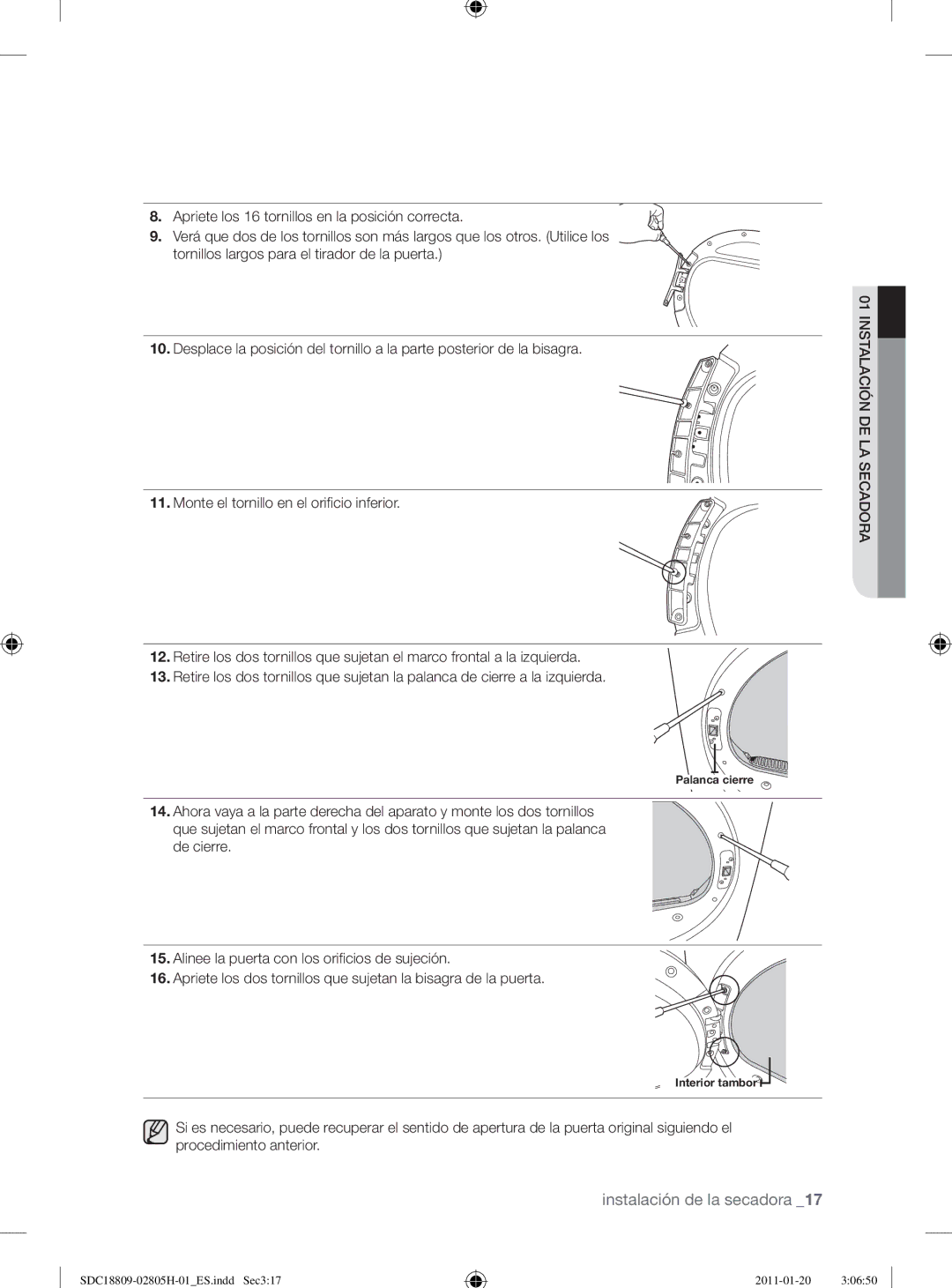 Samsung SDC18809/XEC, SDC18809/XEF manual Palanca cierre 