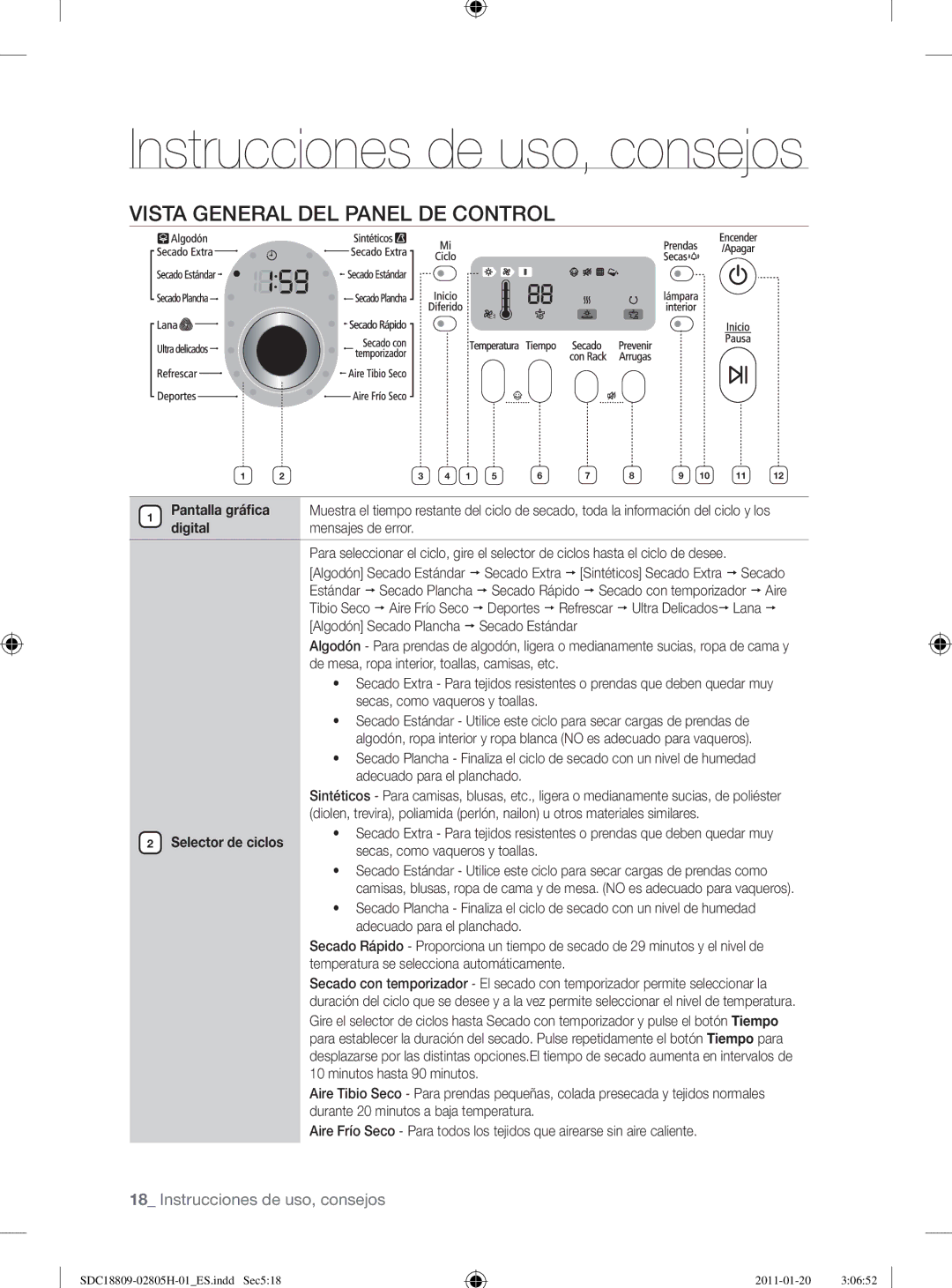 Samsung SDC18809/XEF, SDC18809/XEC Instrucciones de uso, consejos, Vista General DEL Panel DE Control, Pantalla gráﬁca 