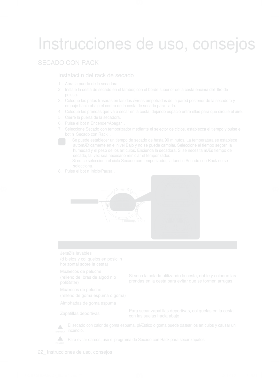 Samsung SDC18809/XEF, SDC18809/XEC manual Secado CON Rack, Observaciones MÁX ,5kg 