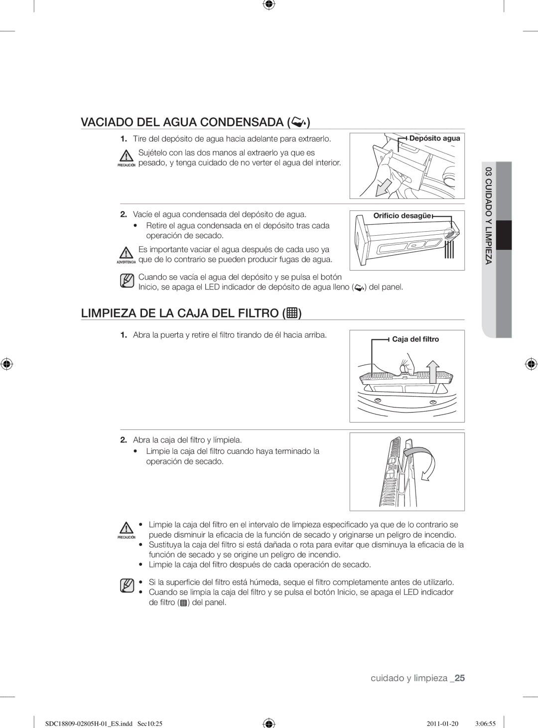 Samsung SDC18809/XEC, SDC18809/XEF manual Vaciado DEL Agua Condensada, Limpieza DE LA Caja DEL Filtro 