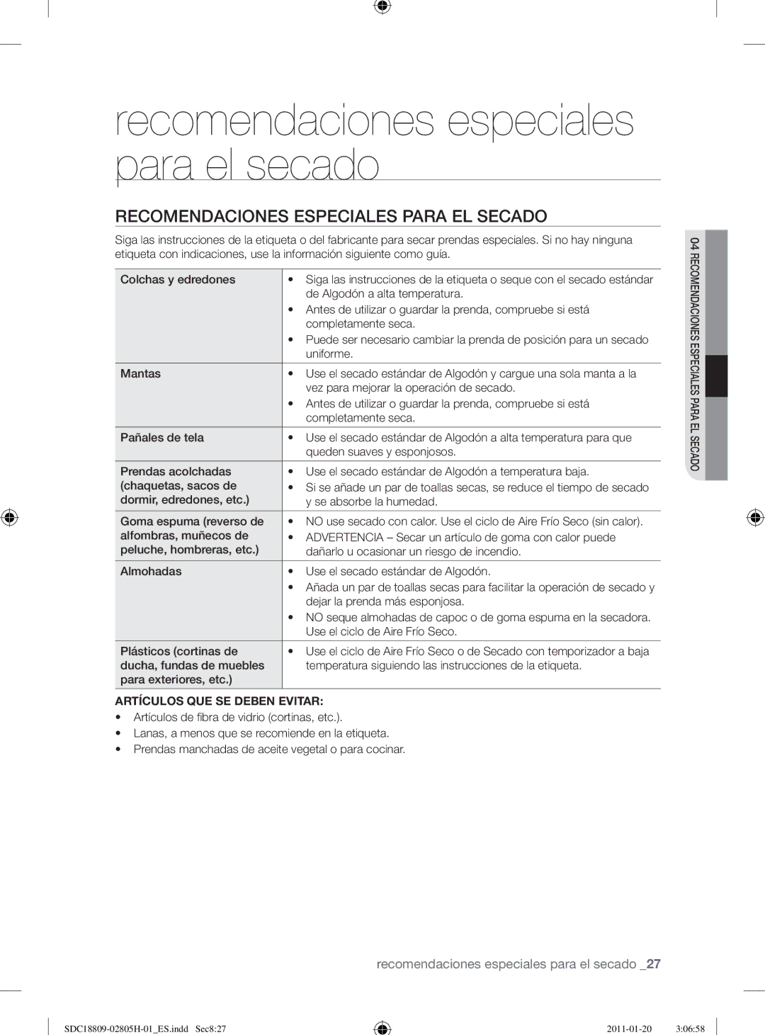 Samsung SDC18809/XEC, SDC18809/XEF Recomendaciones especiales para el secado, Recomendaciones Especiales Para EL Secado 