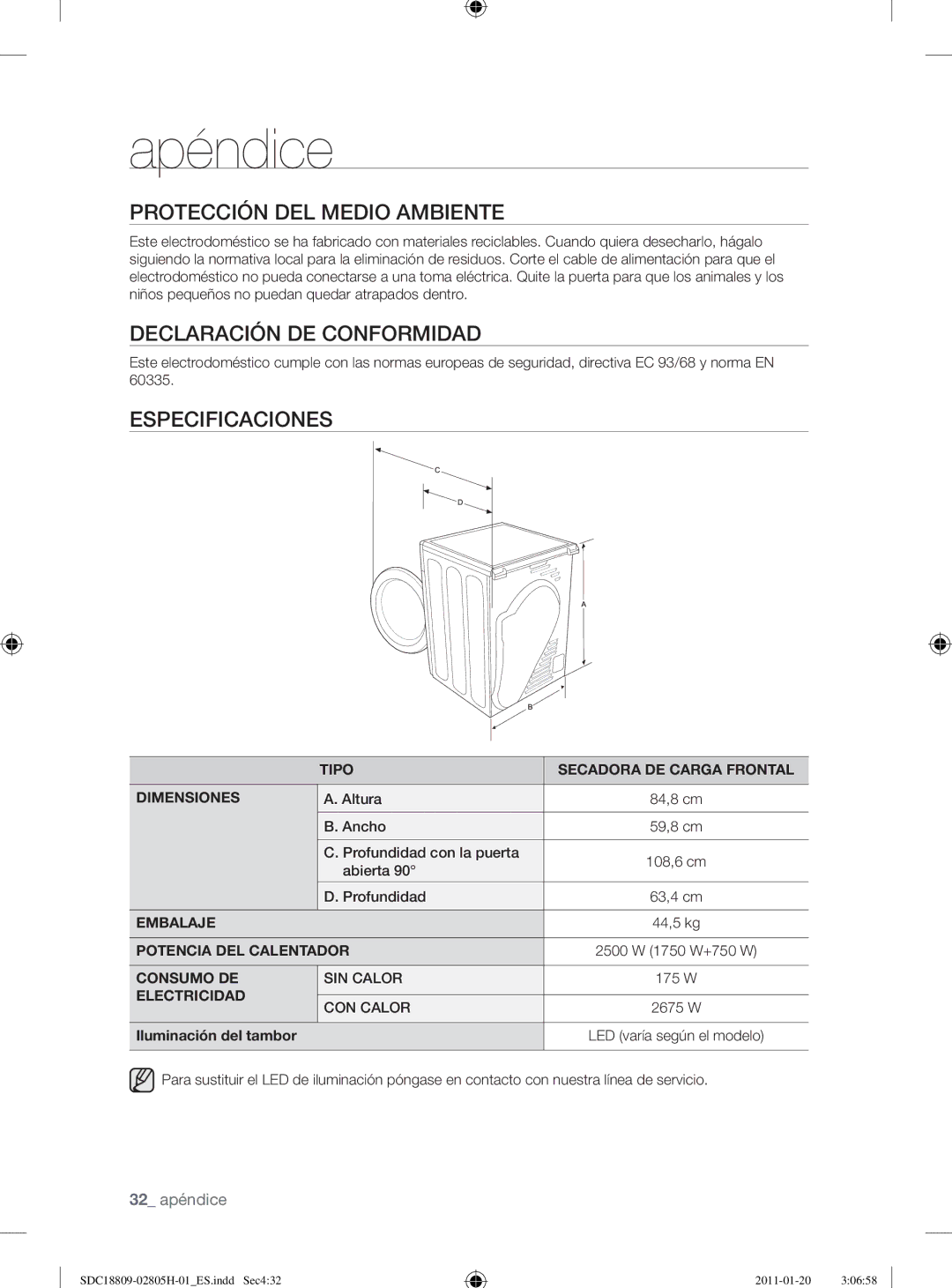 Samsung SDC18809/XEF, SDC18809/XEC manual Protección DEL Medio Ambiente, Declaración DE Conformidad, Especificaciones 