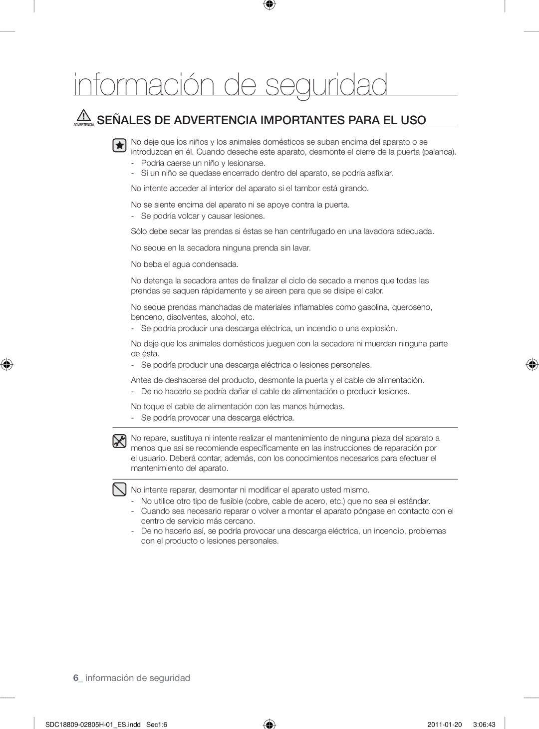 Samsung SDC18809/XEF, SDC18809/XEC manual Advertencia Señales DE Advertencia Importantes Para EL USO 