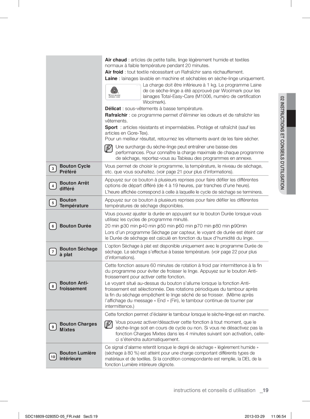 Samsung SDC3C801/XEF Bouton Cycle, Bouton Arrêt, Température Températures de séchage disponibles, Bouton Séchage, Plat 