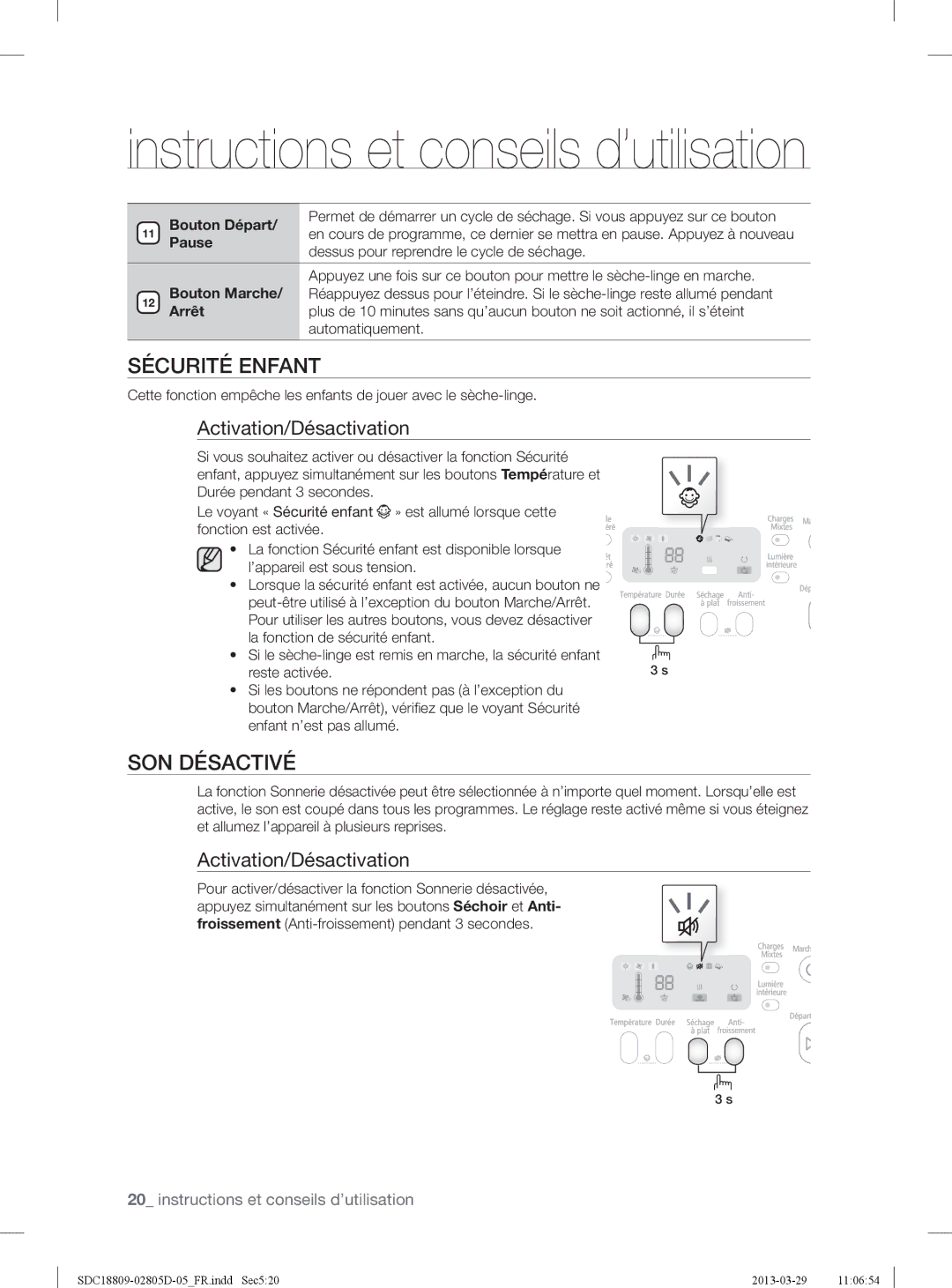 Samsung SDC18809/XEF, SDC3C801/XEF manual Sécurité Enfant, SON Désactivé, Bouton Départ 