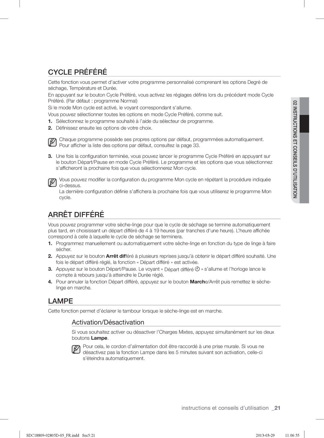 Samsung SDC3C801/XEF, SDC18809/XEF manual Cycle Préféré, Arrêt Différé, Lampe 