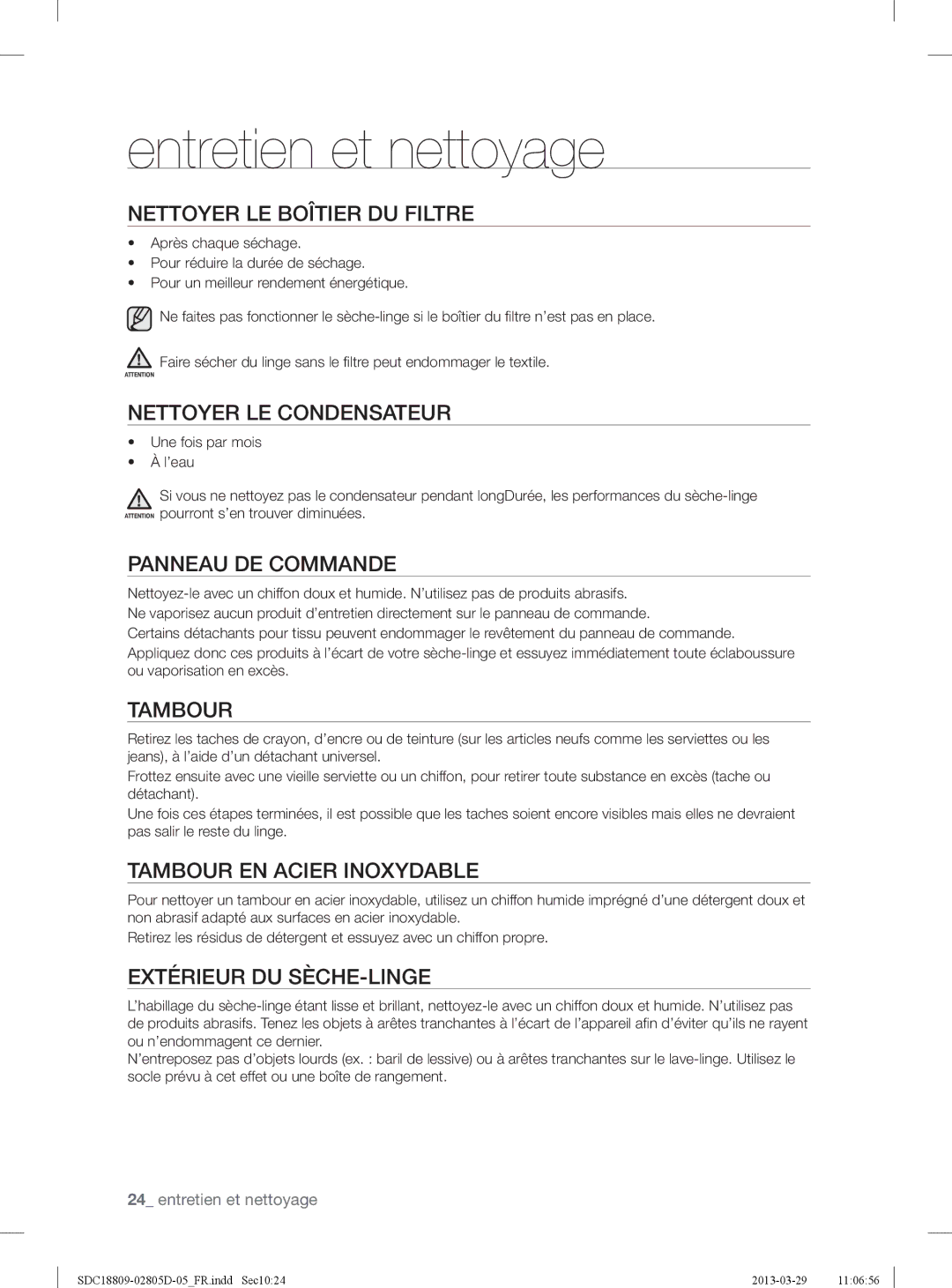 Samsung SDC18809/XEF, SDC3C801/XEF manual Entretien et nettoyage 