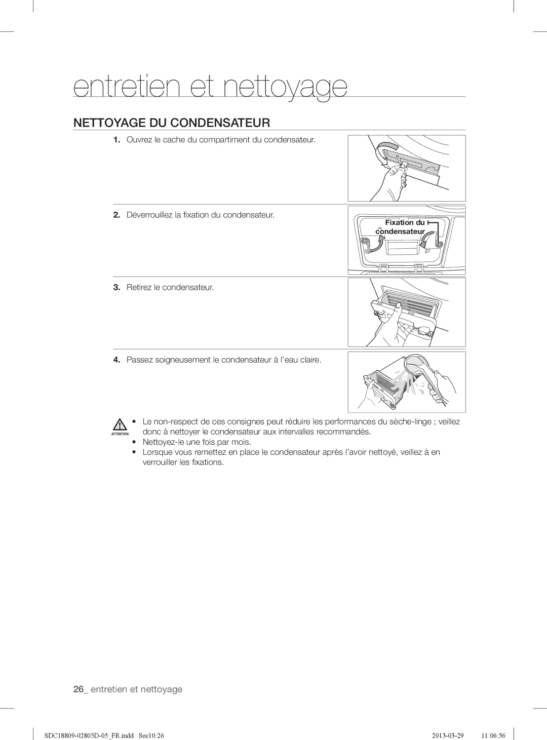 Samsung SDC18809/XEF, SDC3C801/XEF manual Nettoyage DU Condensateur 