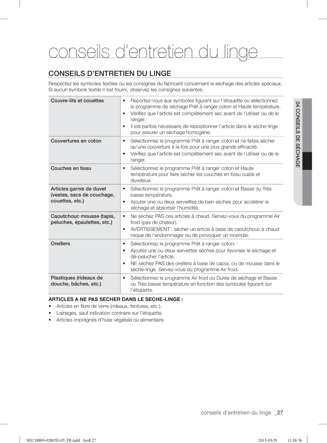 Samsung SDC3C801/XEF, SDC18809/XEF manual Conseils d’entretien du linge, Conseils D’ENTRETIEN DU Linge 