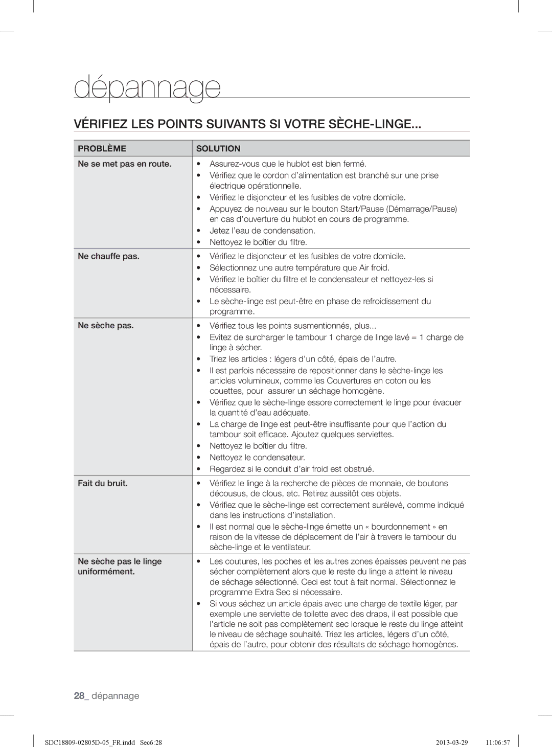 Samsung SDC18809/XEF, SDC3C801/XEF manual Dépannage, Vérifiez LES Points Suivants SI Votre SÈCHE-LINGE 