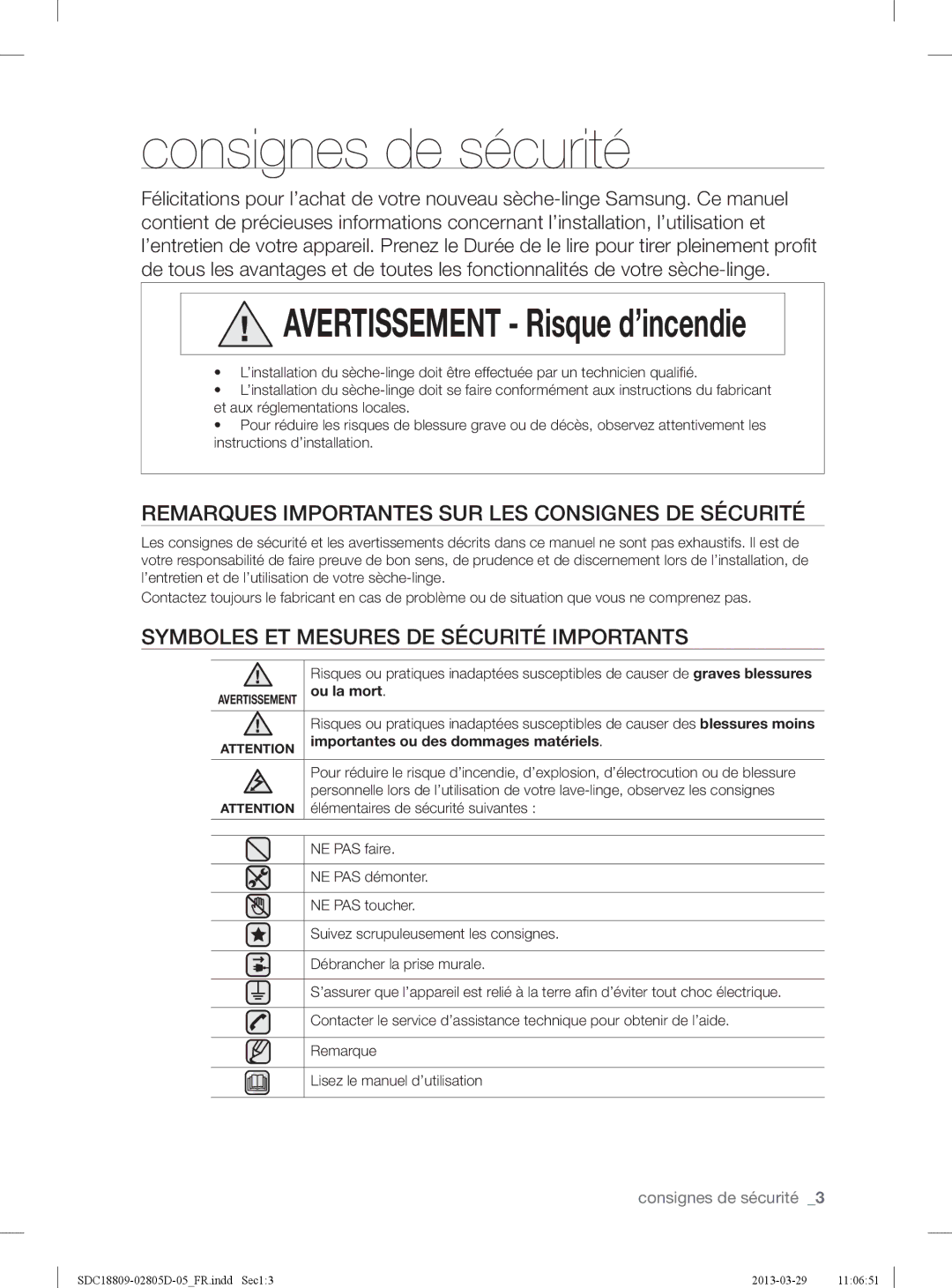 Samsung SDC3C801/XEF, SDC18809/XEF manual Consignes de sécurité, Remarques Importantes SUR LES Consignes DE Sécurité 