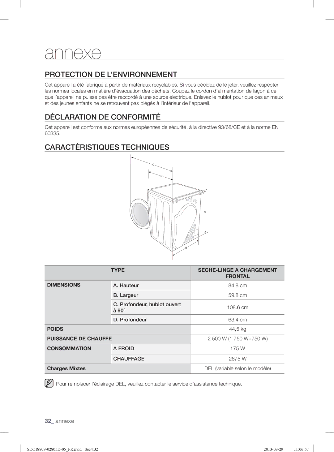 Samsung SDC18809/XEF Protection DE L’ENVIRONNEMENT, Déclaration DE Conformité, Caractéristiques Techniques, Charges Mixtes 