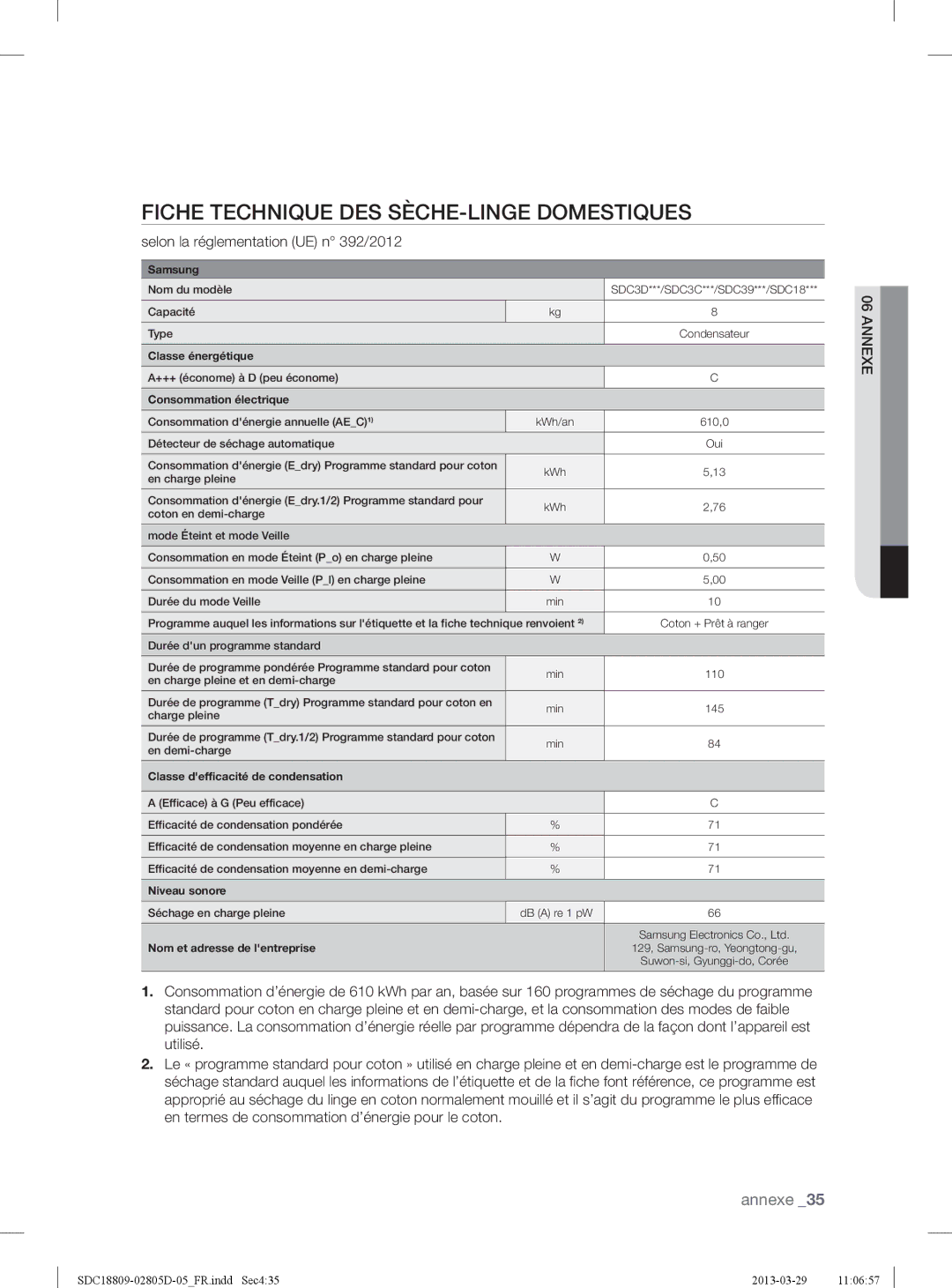 Samsung SDC3C801/XEF, SDC18809/XEF manual Fiche Technique DES SÈCHE-LINGE Domestiques, Selon la réglementation UE n 392/2012 