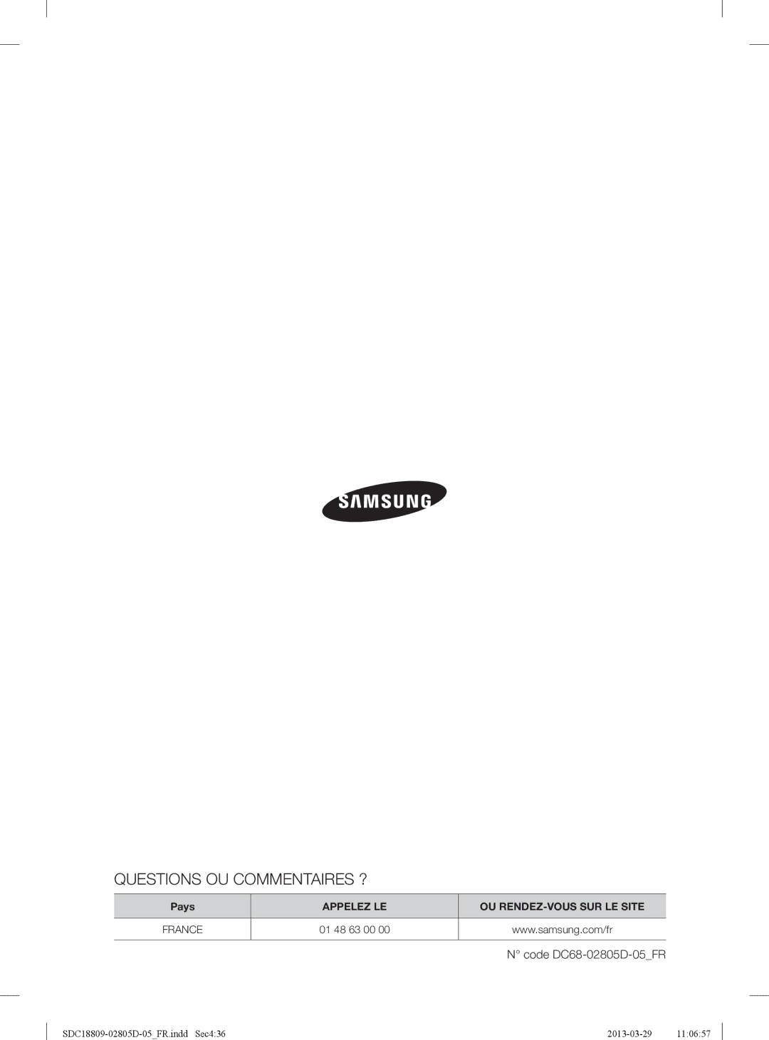 Samsung SDC18809/XEF, SDC3C801/XEF manual Questions OU Commentaires ?, Code DC68-02805D-05FR 