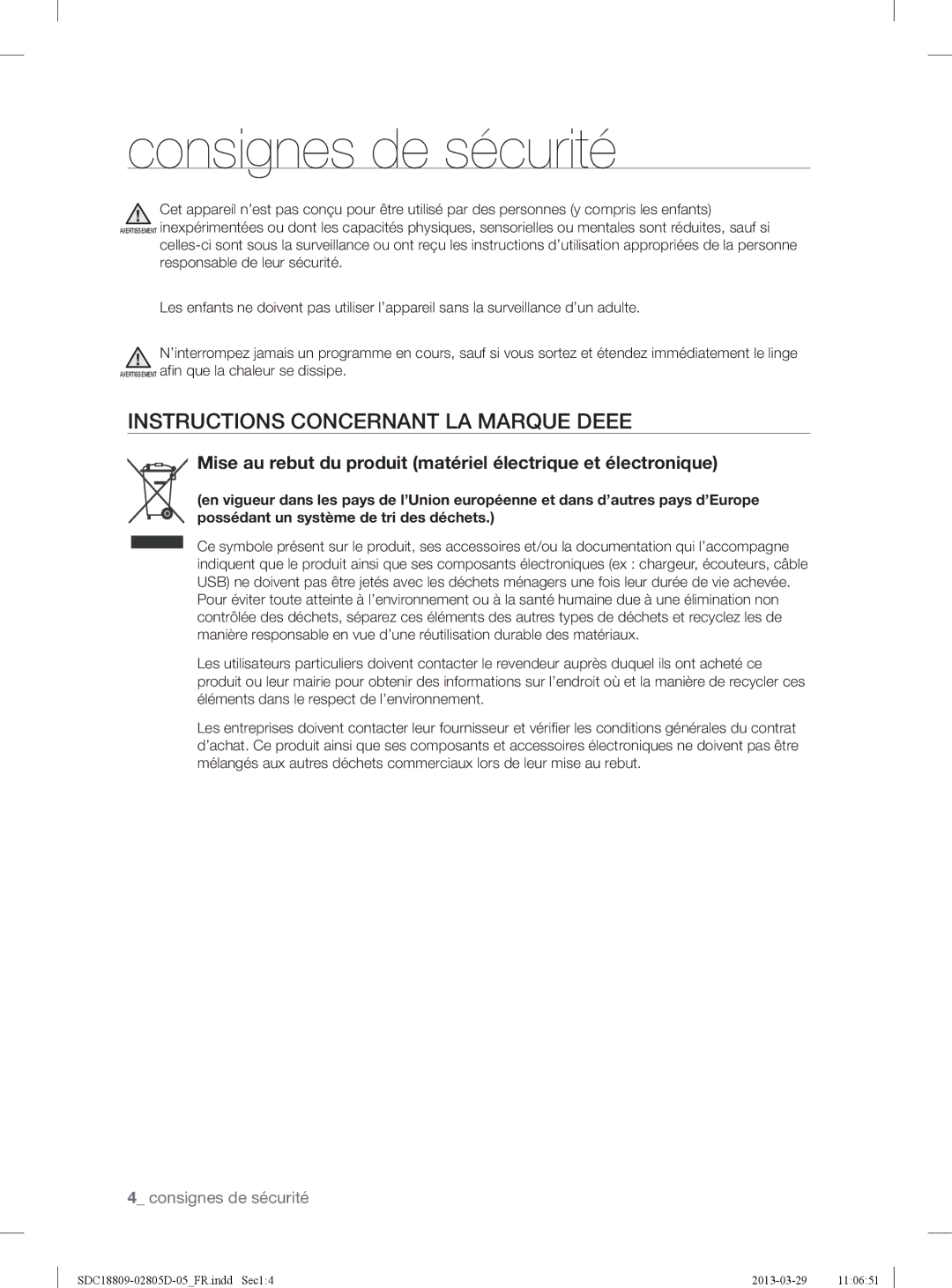 Samsung SDC18809/XEF, SDC3C801/XEF manual Instructions Concernant LA Marque Deee 