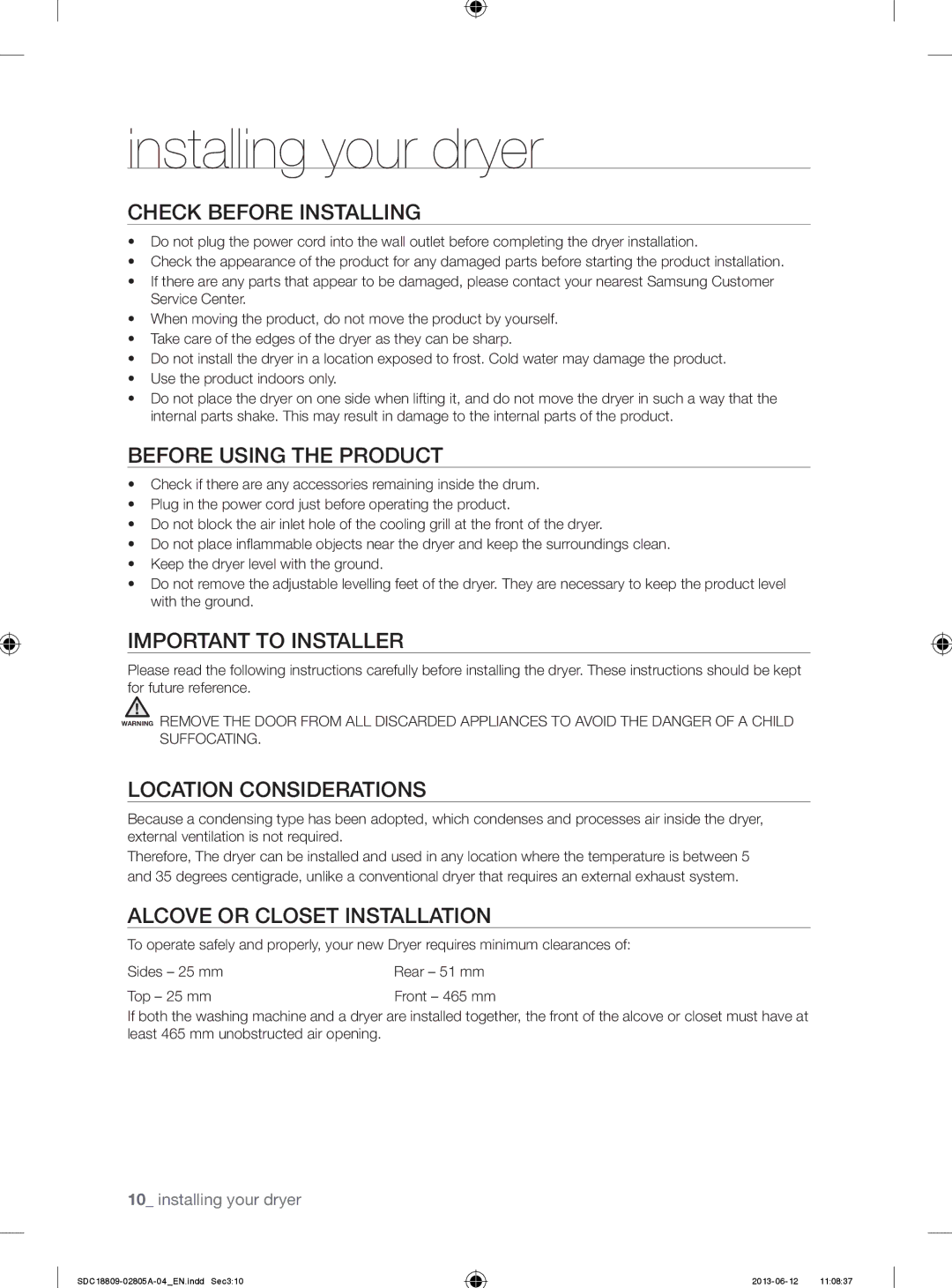 Samsung SDC18809/XEU Check Before Installing, Before Using the Product, Important to Installer, Location Considerations 