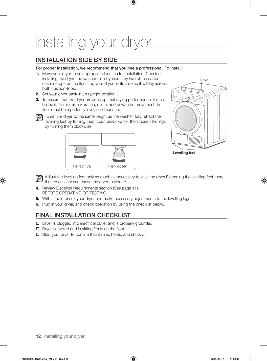 Samsung SDC18809/XEU manual Installation Side by Side, Final Installation Checklist 