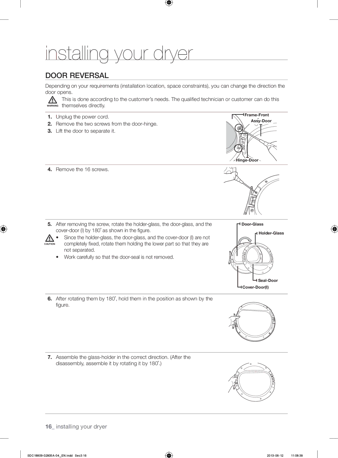 Samsung SDC18809/XEU manual Door Reversal, Unplug the power cord, Remove the two screws from the door-hinge 