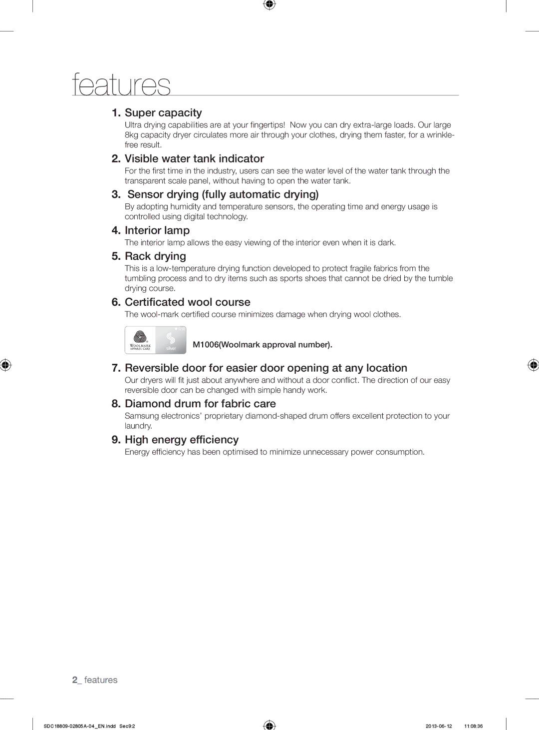 Samsung SDC18809/XEU manual Features, Super capacity 