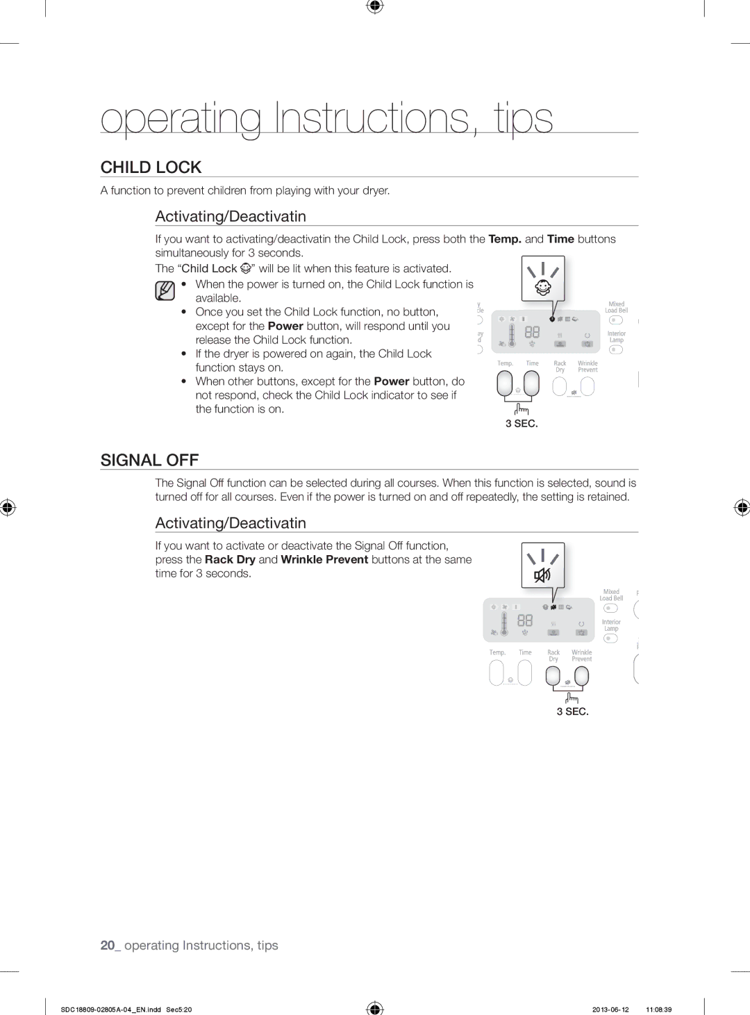 Samsung SDC18809/XEU manual Child Lock, Signal OFF, Function to prevent children from playing with your dryer 