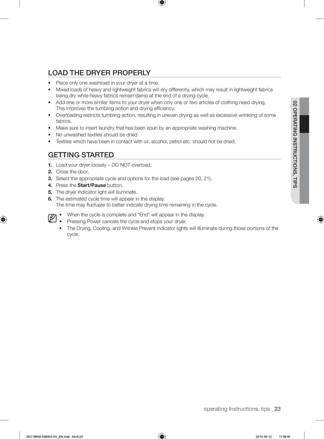 Samsung SDC18809/XEU manual Load the Dryer Properly, Getting Started 